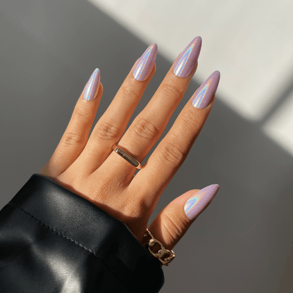 Holographic purple almond-shaped press-on nails