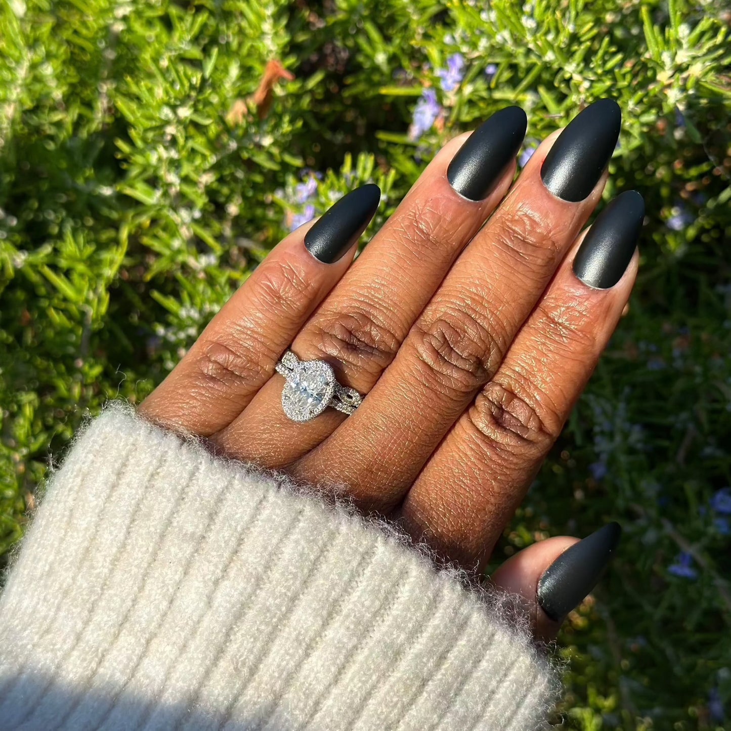 Black almond press-on nails with diamond ring