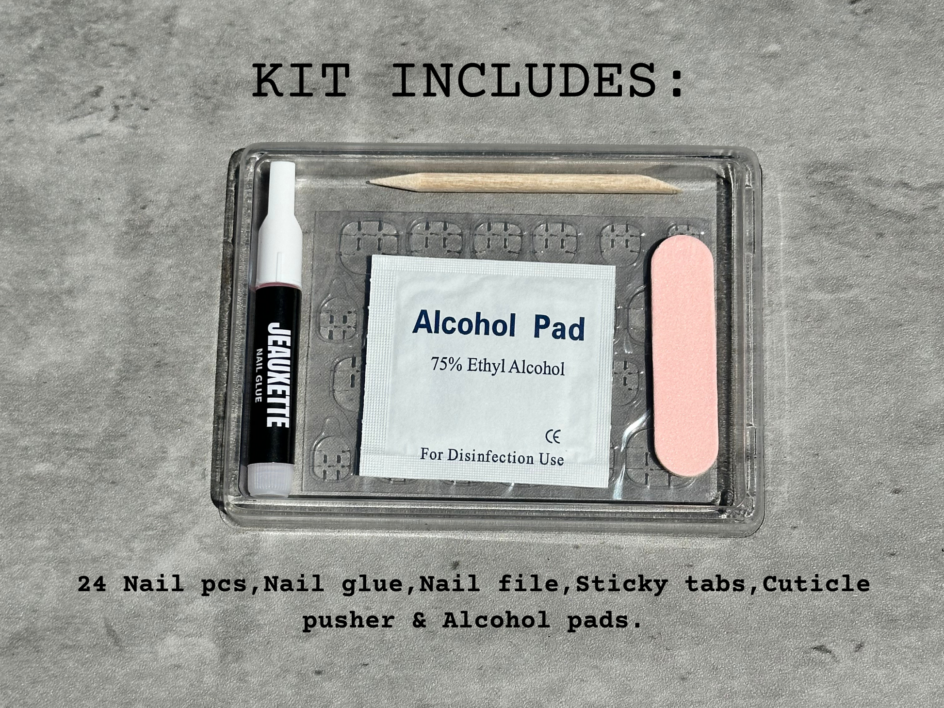 Esme nail kit contents including glue, file, and alcohol pad